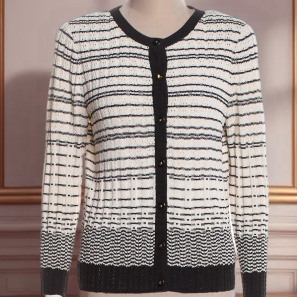 Vintage St. John evening sweater cream and black striped button cardigan